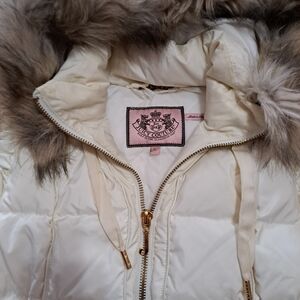 Juicy Couture Cream Puffer Jacket with Faux Fur Trim